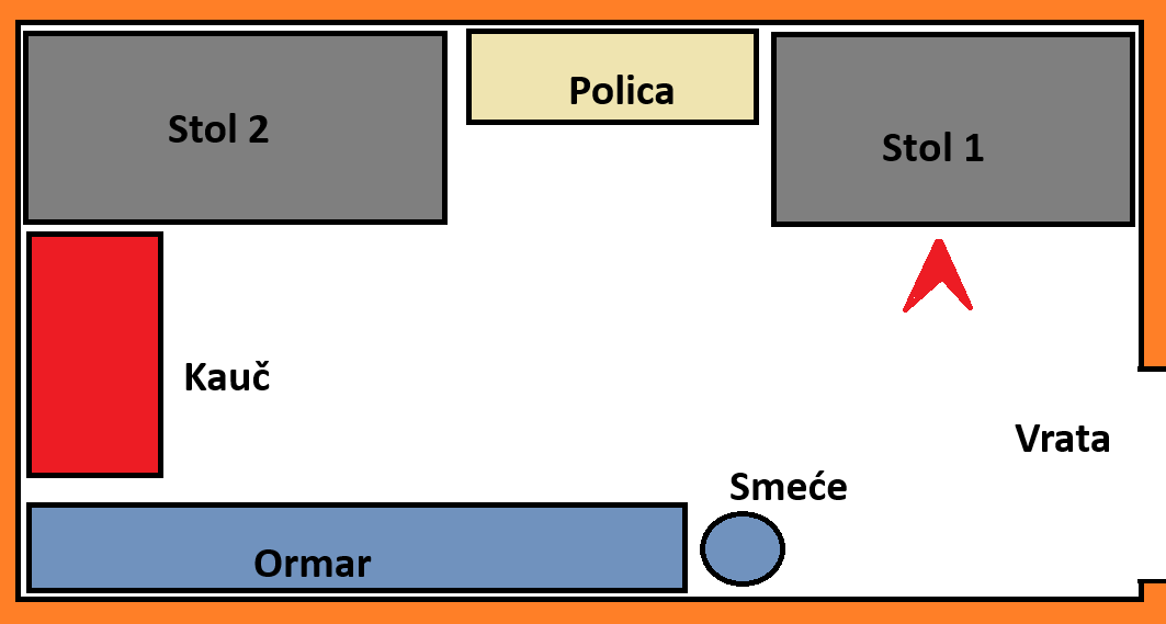 Tlocrt sobe s crvenim markerom za kalibraciju